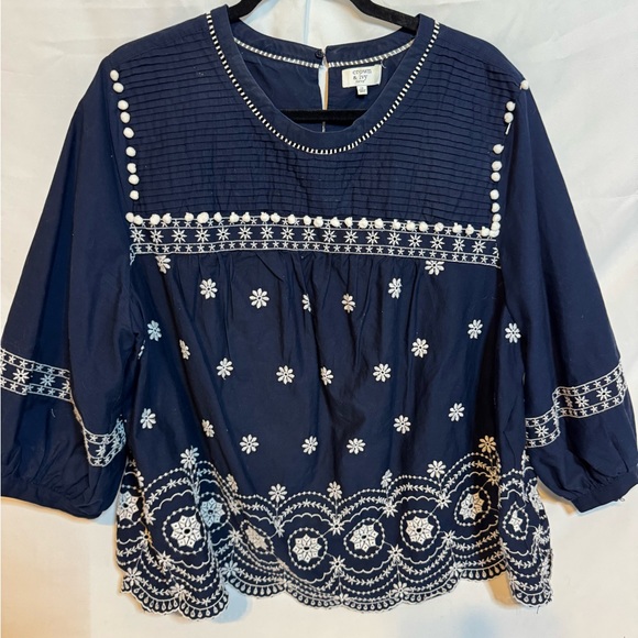 crown & ivy Tops - crown & ivy Navy Embroidered Peasant Blouse